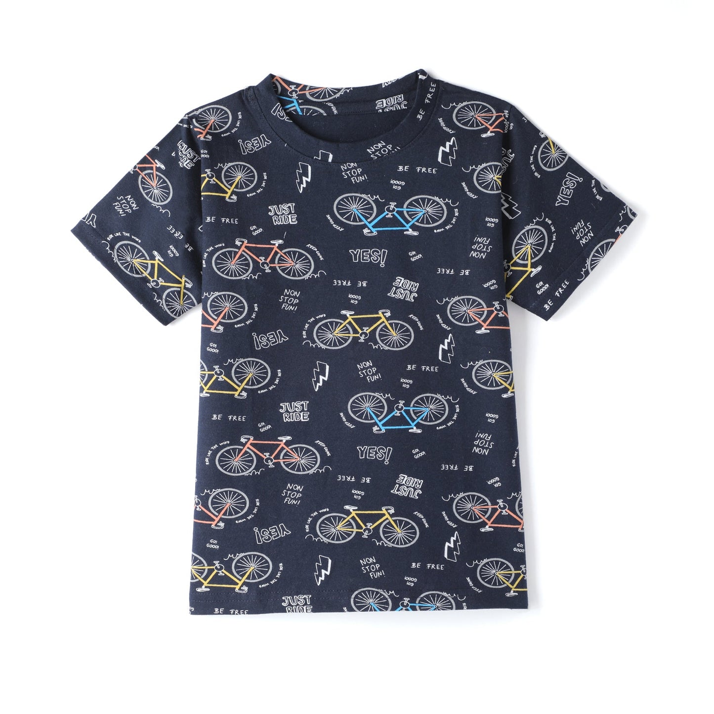 Navy Blue Kids Pure Cotton Half Sleeves Bicycle Printed T-shirt & Shorts Set Set