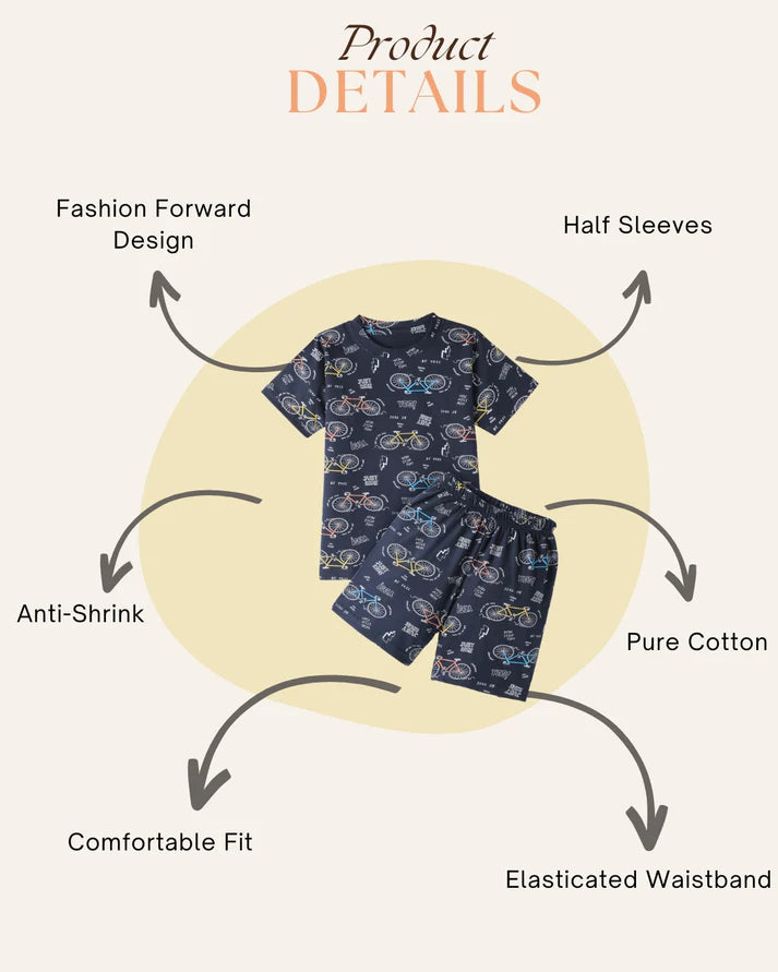 Navy Blue Kids Pure Cotton Half Sleeves Bicycle Printed T-shirt & Shorts Set