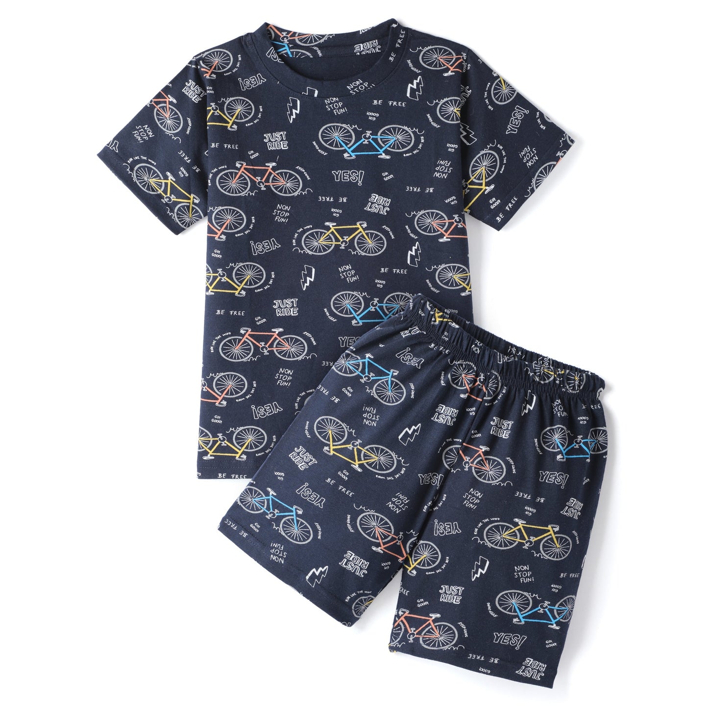 Peach & Navy Blue Pure Cotton Half Sleeves Printed T-shirt & Shorts Set for Kids - Pack of 2