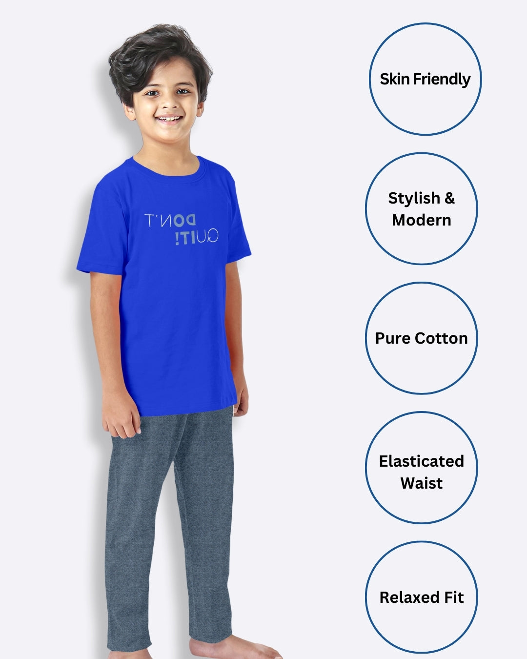 Blue & Grey Typographic Printed Cotton Loungewear for Boys