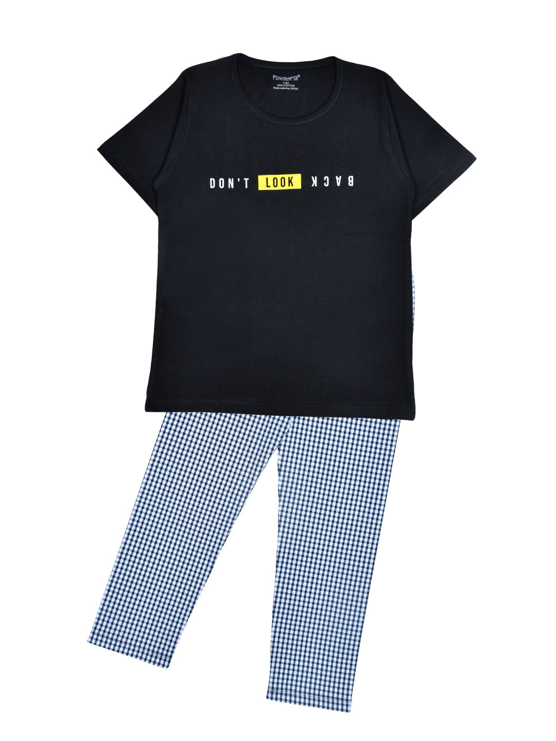 Black Checks Printed Cotton Night Dress For Kids