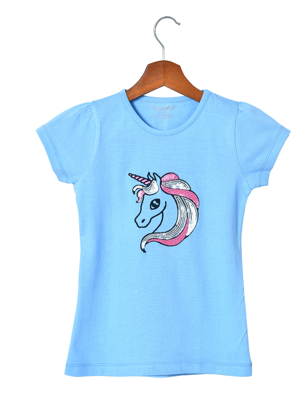 Blue Girls Sequin Cotton T-shirt