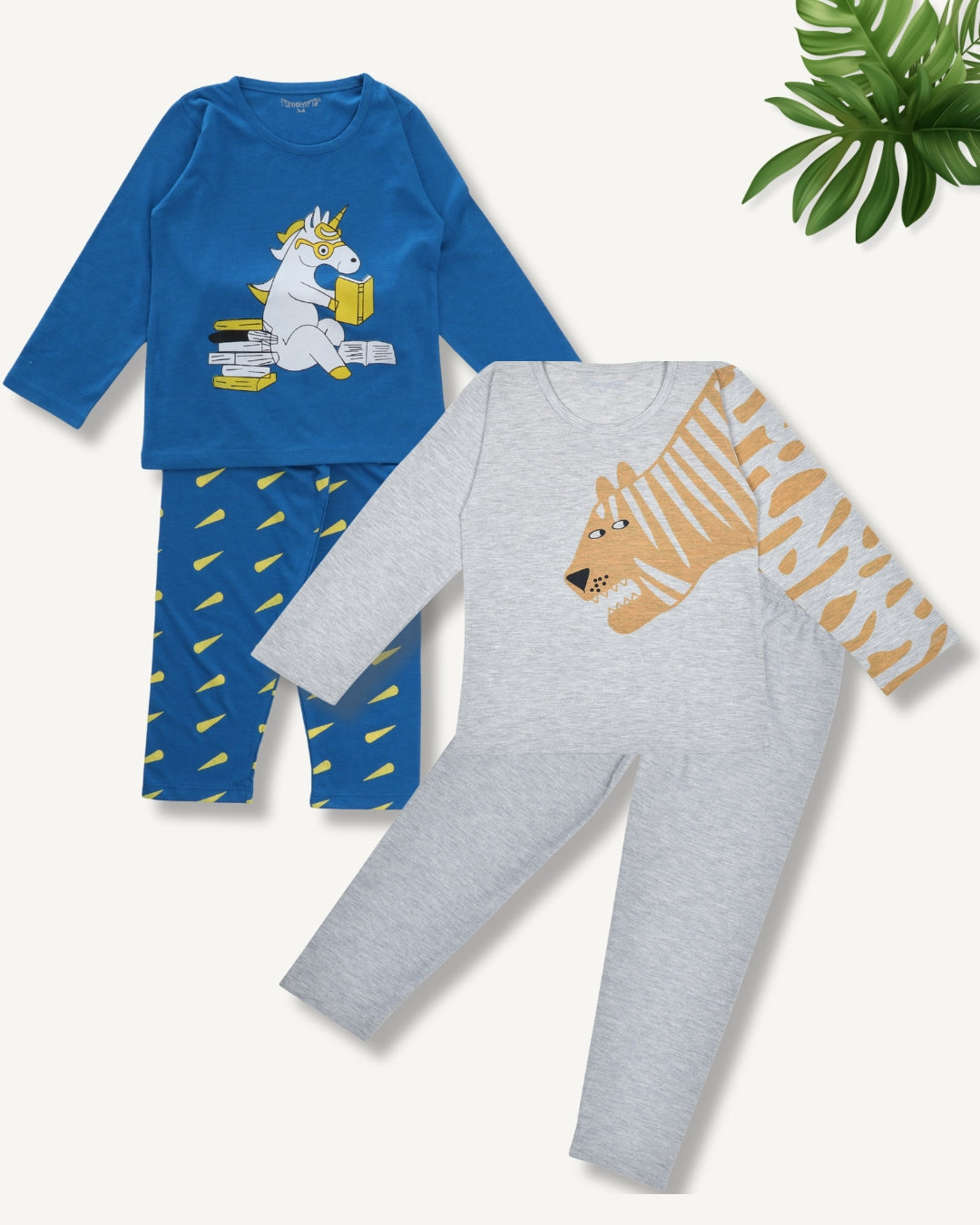 Blue & Grey Pure Cotton Knitted Full Sleeves Printed Nightsuit for Boys - Pack of 2