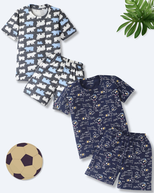 Blue & Black Pure Cotton Half Sleeves Printed Shorts Set for Boys - Pack of 2