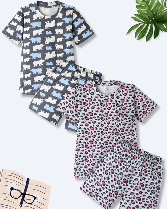 Blue & Grey Pure Cotton Half Sleeves Printed T-shirt & Shorts Set for Girls - Pack of 2