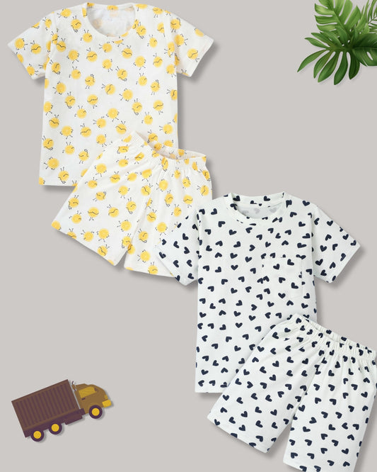 White & Yellow Pure Cotton Half Sleeves Heart & Lemon Printed Shorts Set for Girls - Pack of 2