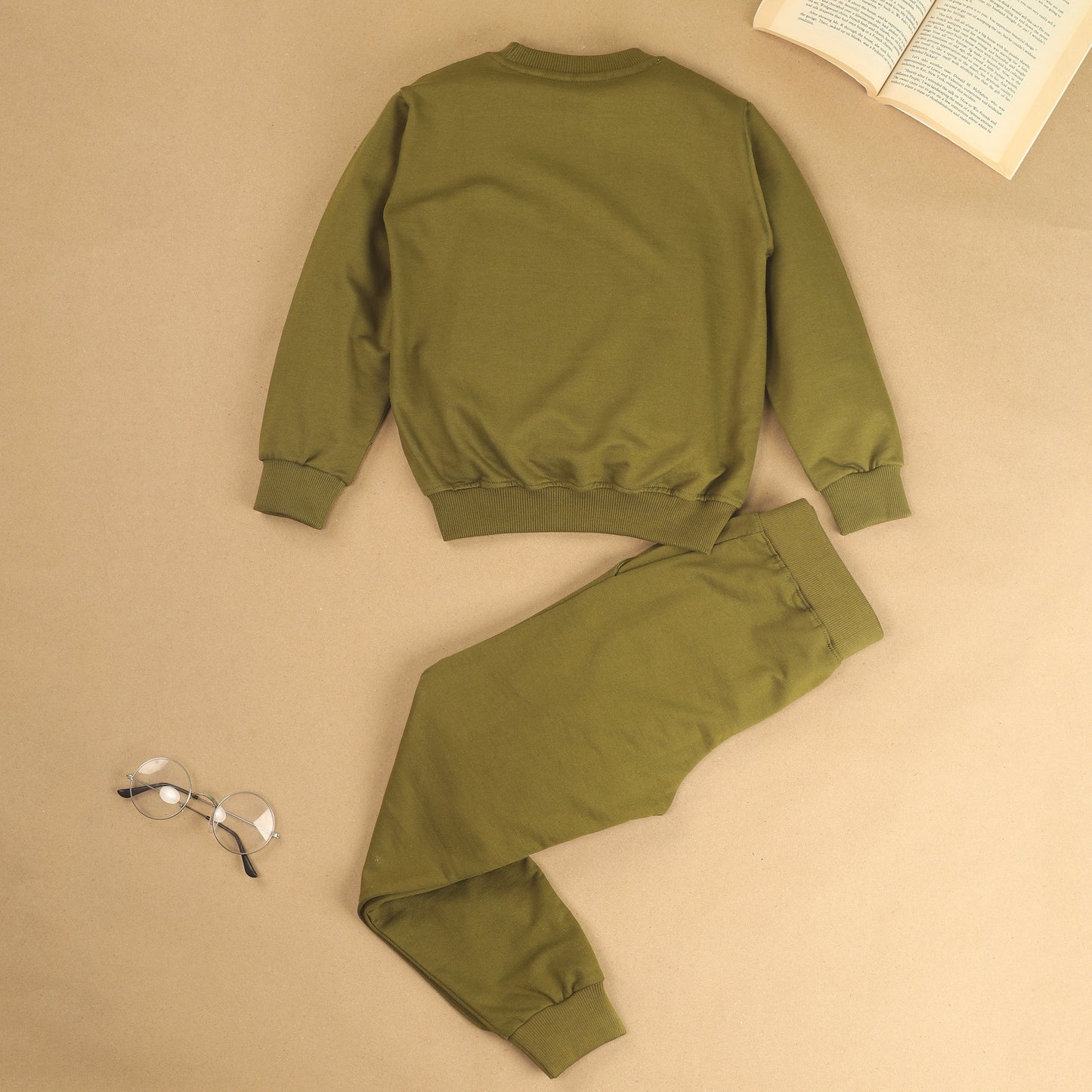 Olive Green #OOTD Pure Cotton Typographic Joggers Set with Pockets for Kids