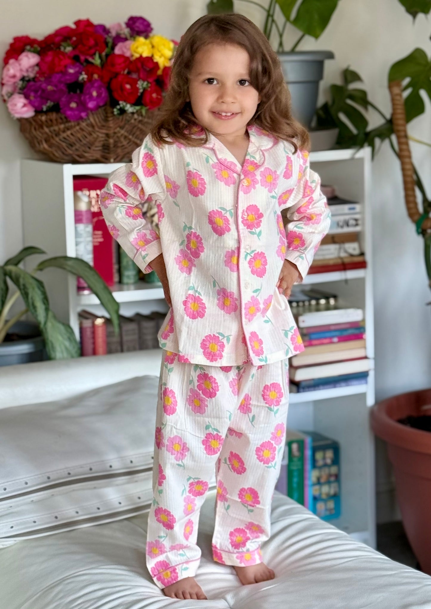 Off White & Pink Premium Cotton Full Sleeves Floral Printed Collar Style Nightsuit for Girls