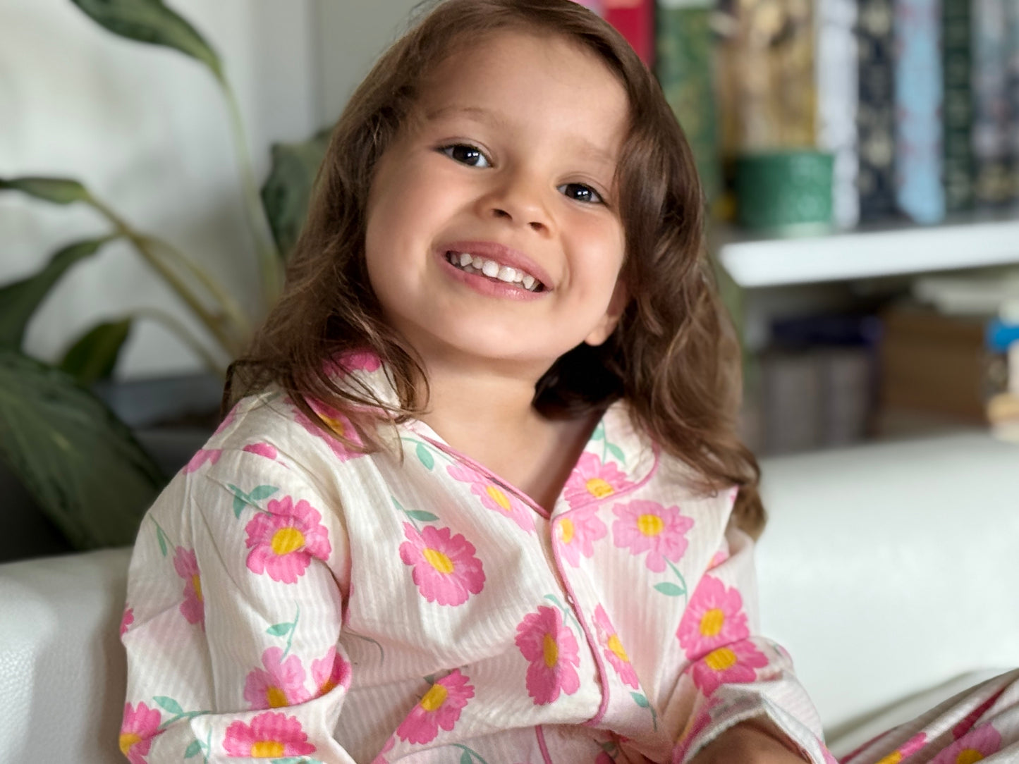 Off White & Pink Premium Cotton Full Sleeves Floral Printed Collar Style Nightsuit for Girls