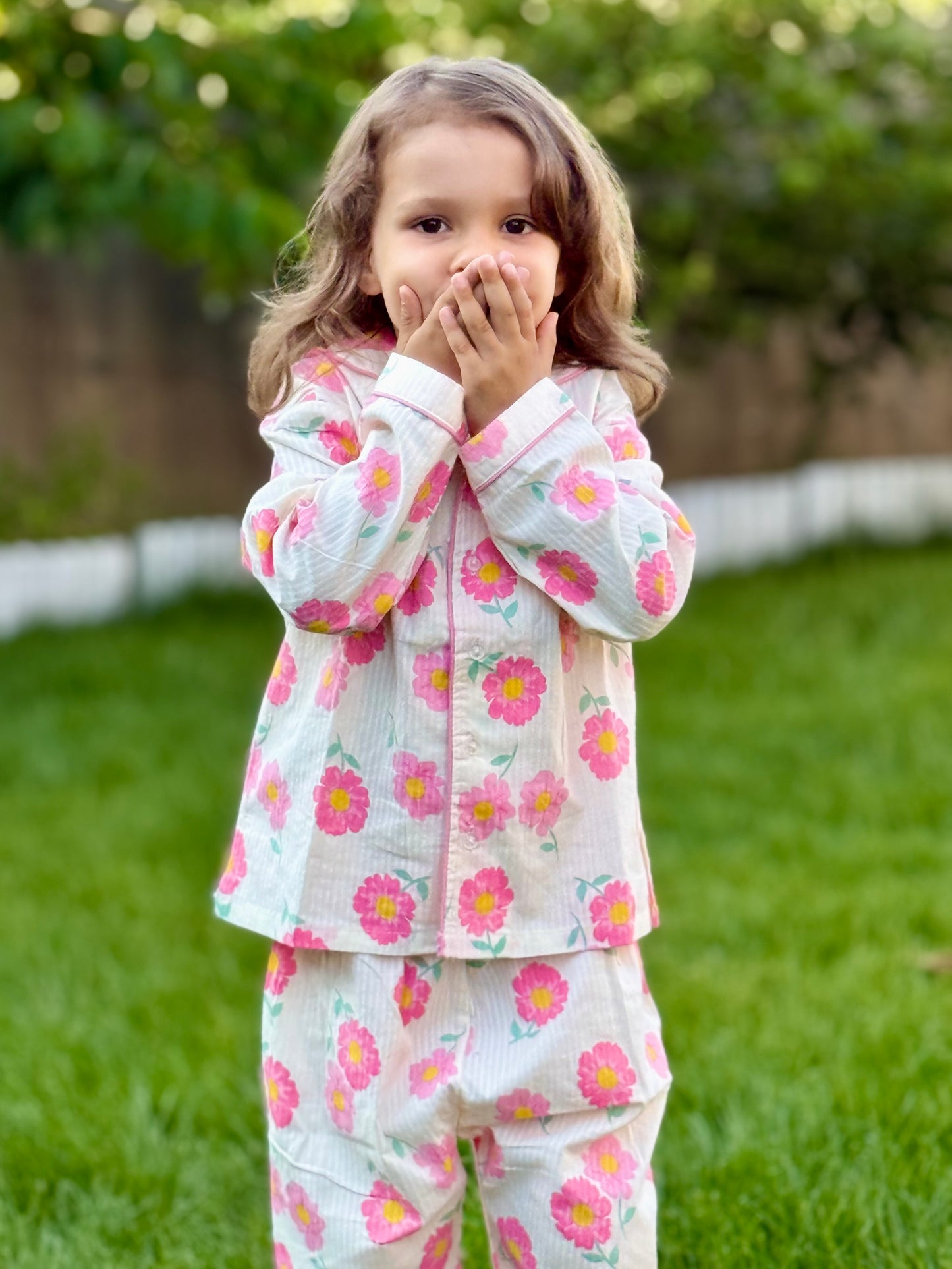 Off White & Pink Premium Cotton Full Sleeves Floral Printed Collar Style Nightsuit for Girls