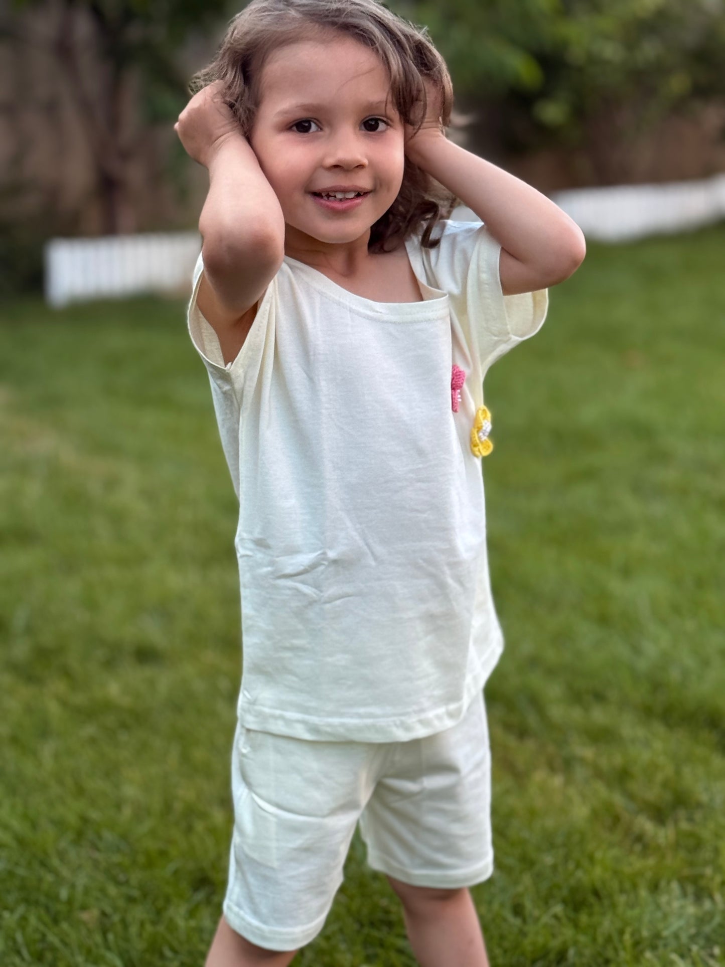Girls Premium Cotton White T-Shirt & Shorts Set with Multicolor Crochet Flower