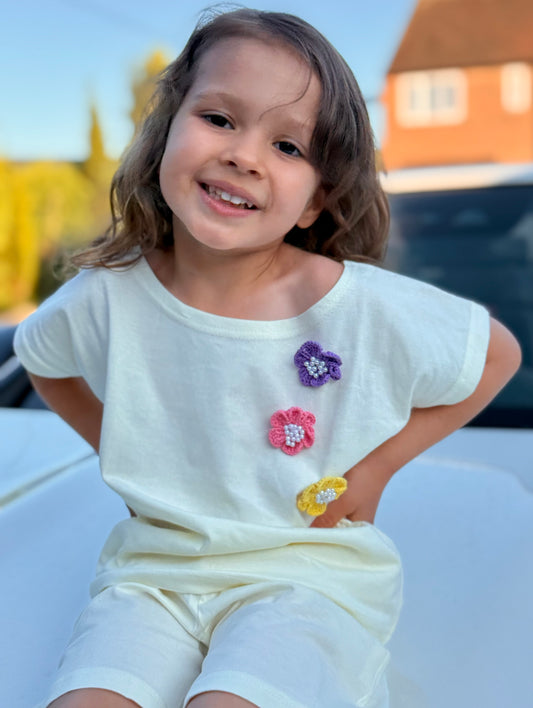 Girls Premium Cotton White T-Shirt & Shorts Set with Multicolor Crochet Flower
