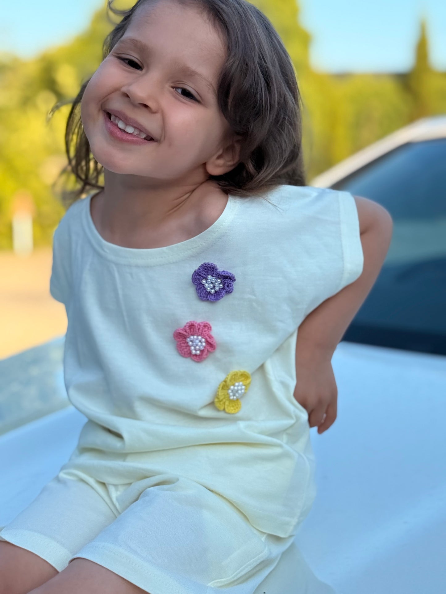 Girls Premium Cotton White T-Shirt & Shorts Set with Multicolor Crochet Flower