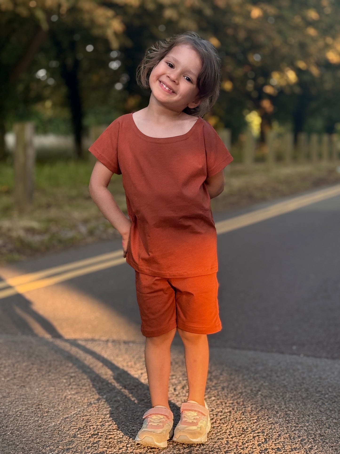 Brown Solid Premium Cotton T-Shirt & Shorts Set with pockets for Girls