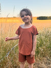 Brown Solid Premium Cotton T-Shirt & Shorts Set with pockets for Girls