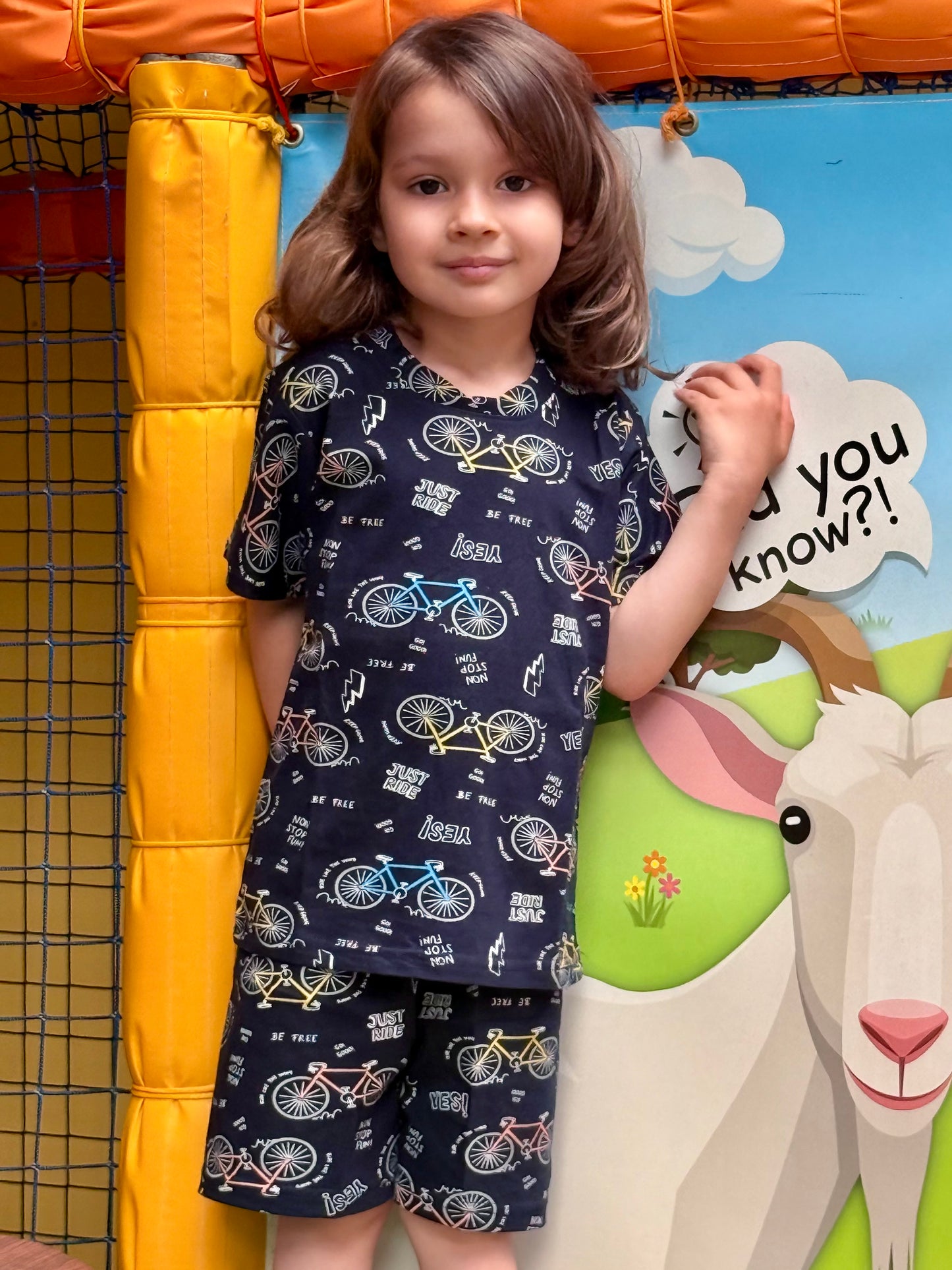 Navy Blue Kids Pure Cotton Half Sleeves Bicycle Printed T-shirt & Shorts Set