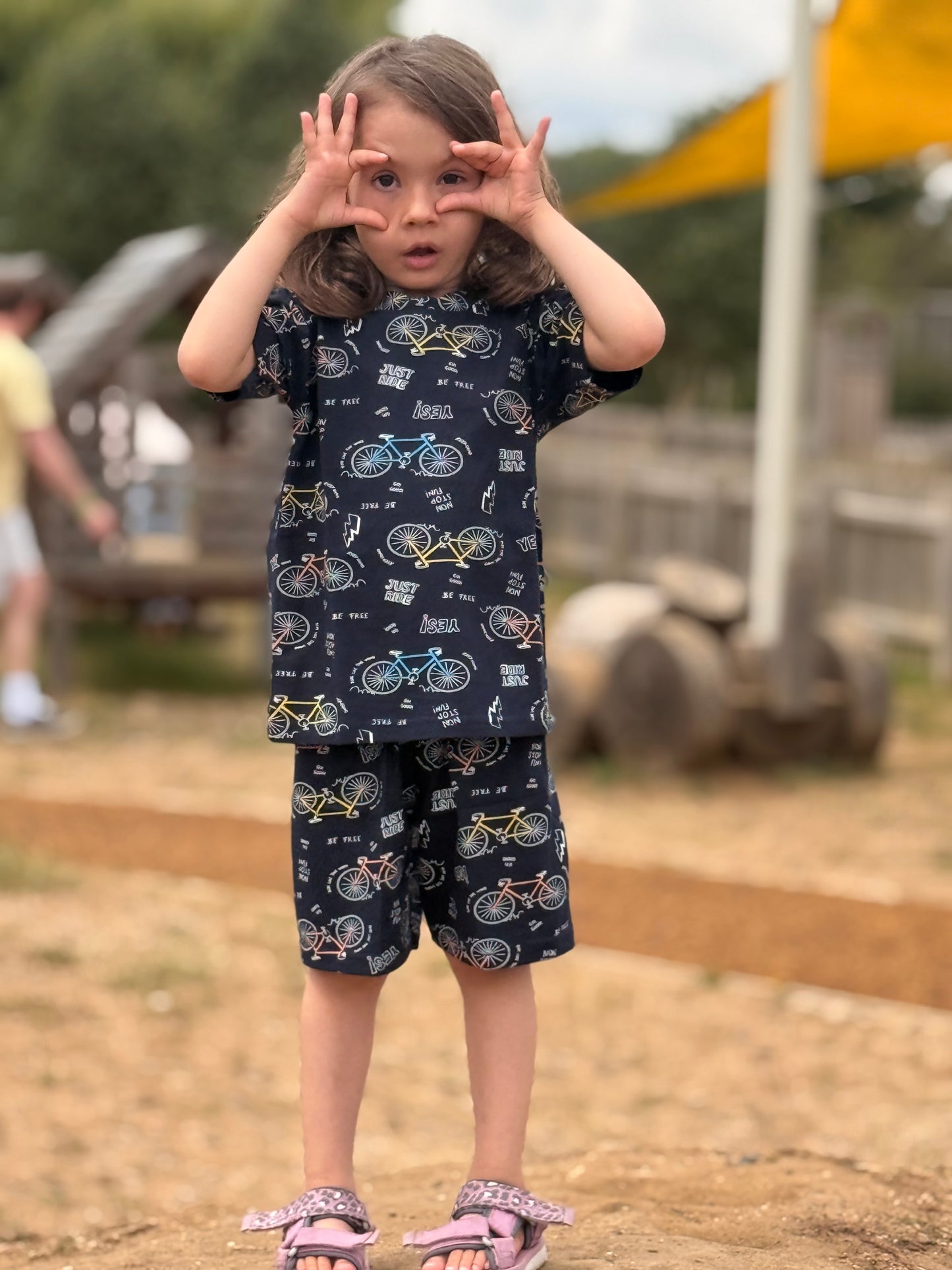 Navy Blue Kids Pure Cotton Half Sleeves Bicycle Printed T-shirt & Shorts Set