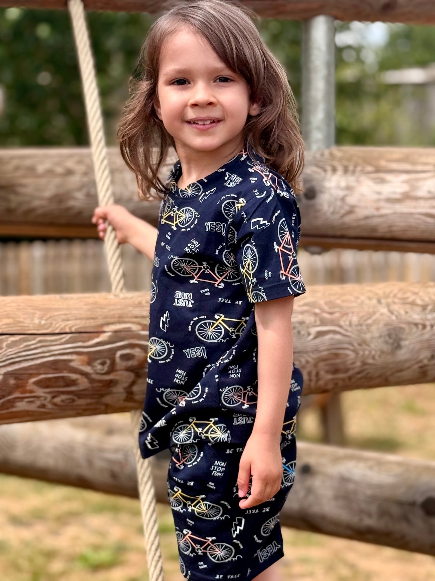 Navy Blue Kids Pure Cotton Half Sleeves Bicycle Printed T-shirt & Shorts Set