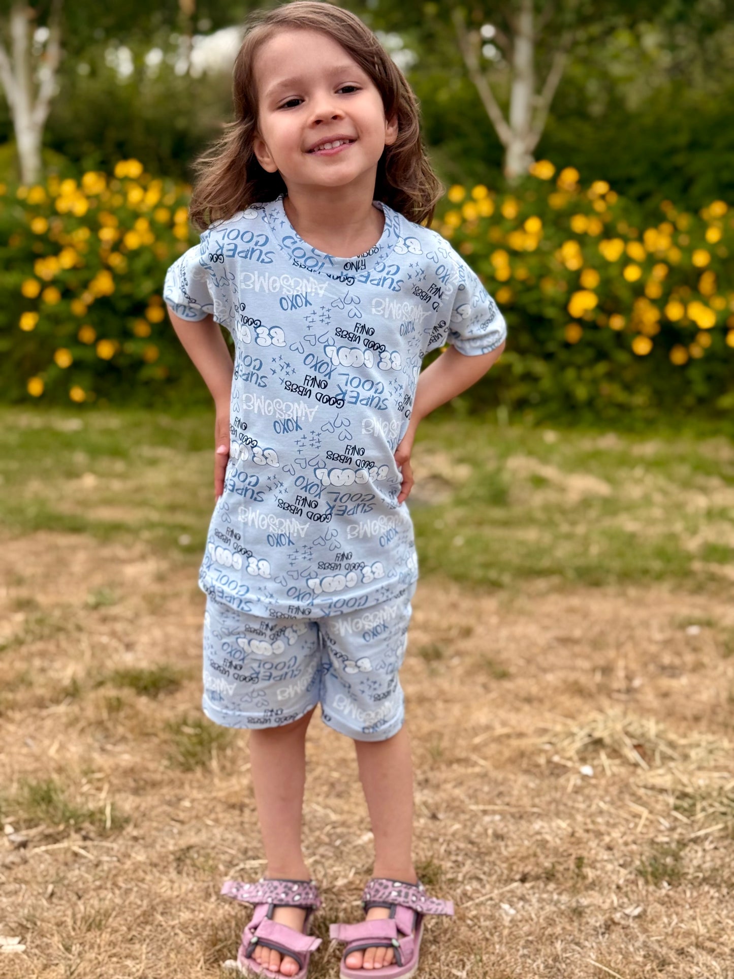 Blue Unisex Typographic Printed Cotton Co-ord Set for Kids