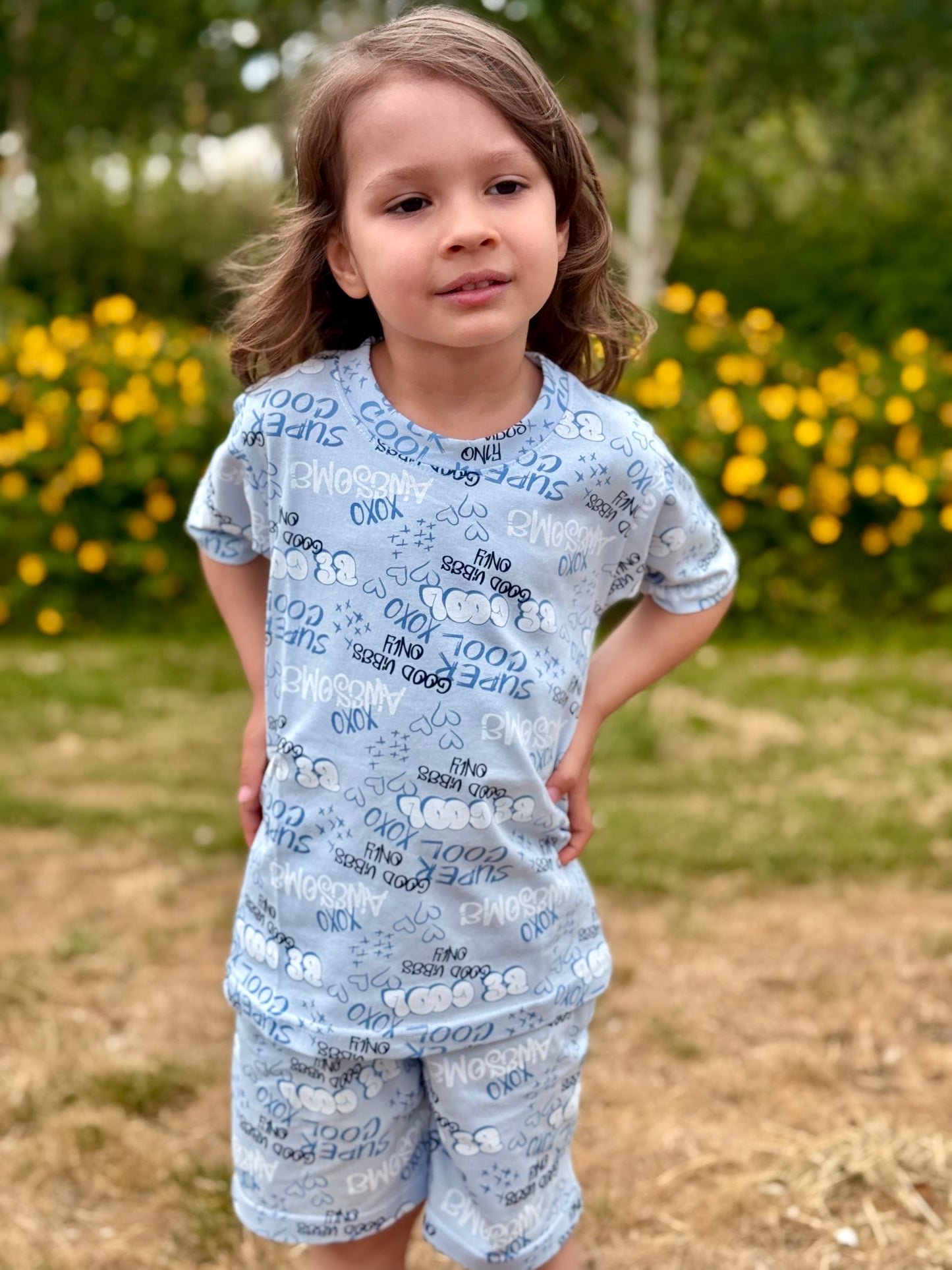 Blue Unisex Typographic Printed Cotton Co-ord Set for Kids