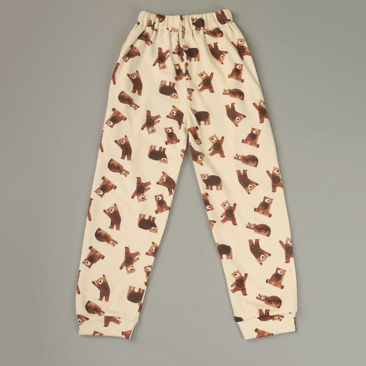 Off White & Brown Bear Printed Pure Cotton Joggers Set with Pockets for Kids