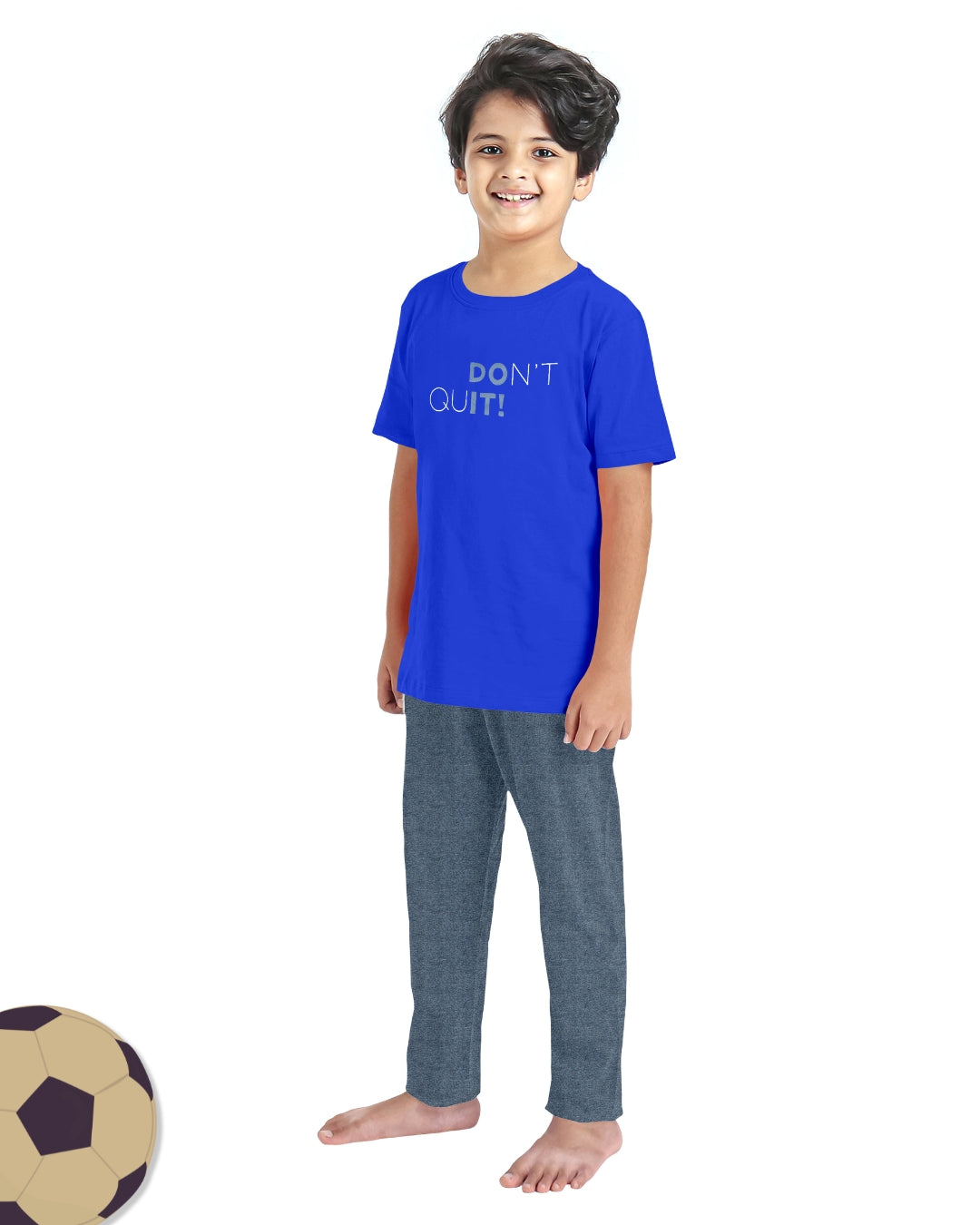 Blue & Grey Typographic Printed Cotton Loungewear for Boys