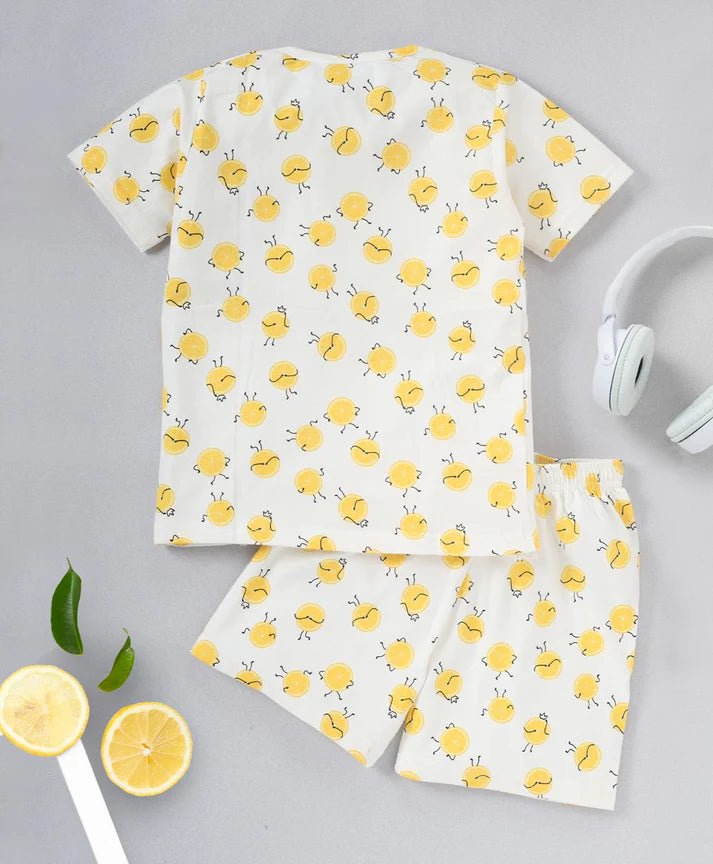 White Lemon Printed Cotton Co-ord Set for Girls
