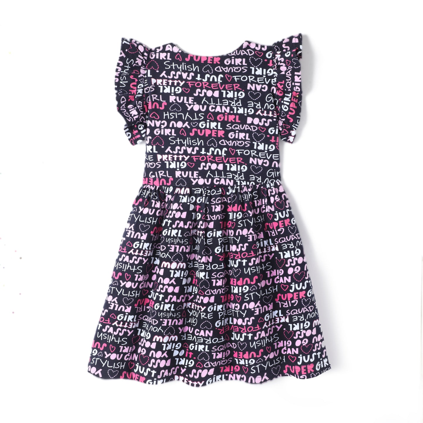 Black & Pink Premium Cotton Single Jersey With Bio Finish Half Flutter Sleeves Typographic Printed Frock for Girls