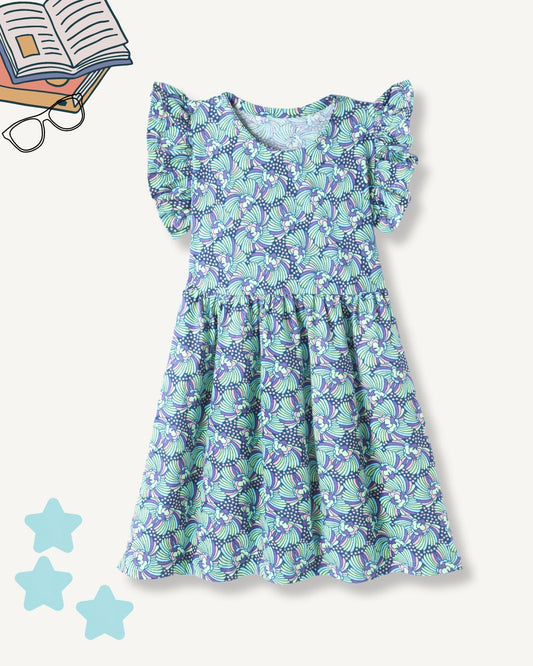 Blue Premium Cotton Single Jersey With Bio Finish Half Flutter Sleeves Floral Printed Frock for Girls