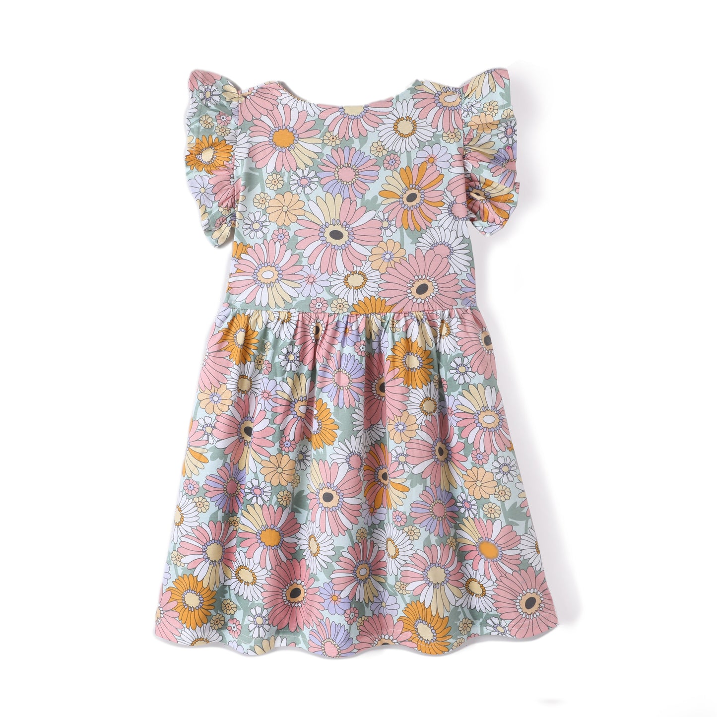 Pink Premium Cotton Single Jersey With Bio Finish Half Flutter Sleeves Floral Printed Frock for Girls